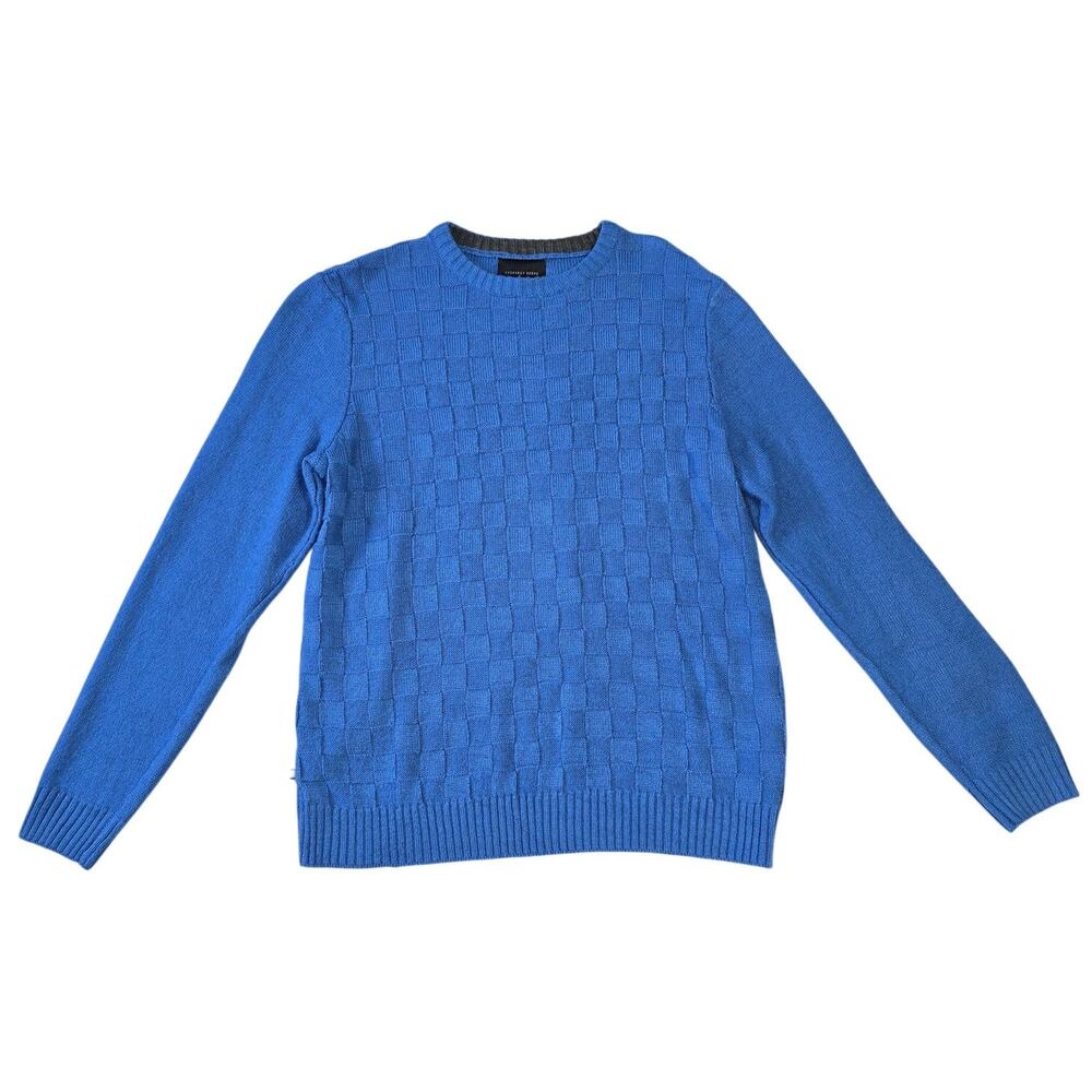 Geoffrey Beene Men’s Large Denim Blue Textured Check Knit Crewneck Sweater